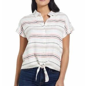 Weatherproof Vintage Linen Blend Stripe Tie Front Button Up Top Women Medium